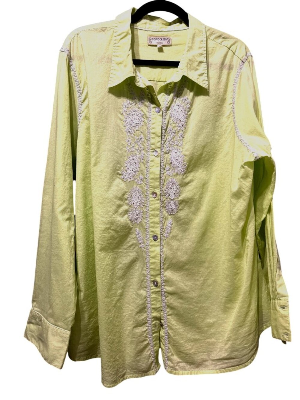 Sigrid Olsen Studio Lime Green Button-Up Shirt 2X Embroidered  Cotton Blouse
